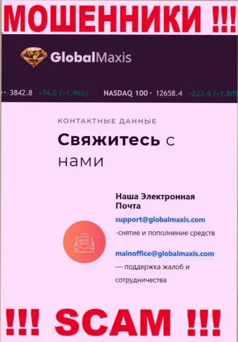 Адрес электронного ящика интернет мошенников Global Maxis, который они засветили у себя на официальном веб-портале