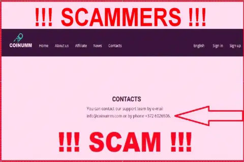 Coinumm Com phone number listed on the swindlers site