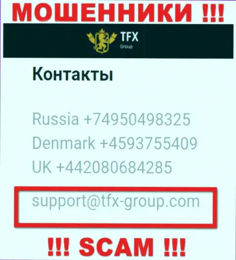 В разделе контактные сведения, на официальном сайте мошенников TFXGroup , найден представленный адрес электронной почты
