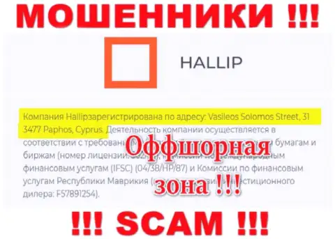 Постарайтесь держаться подальше от оффшорных интернет-жуликов Hallip Com !!! Их адрес - Vasileos Solomos Street, 31 3477 Paphos, Cyprus