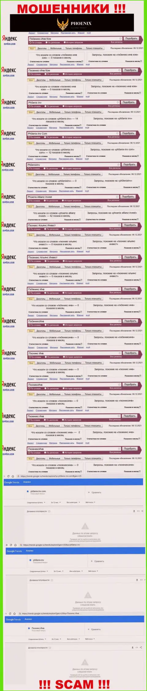 Скриншот итога online-запросов по противоправно действующей компании Пхоникс Альянс Инвест