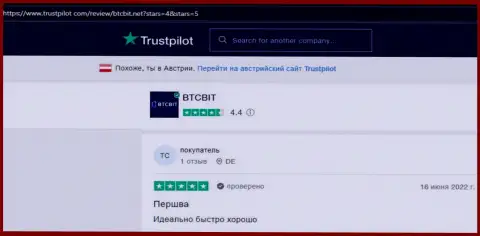Отзывы клиентов BTCBit о выводе средств в указанной интернет обменке, представленные на информационном сервисе trustpilot com