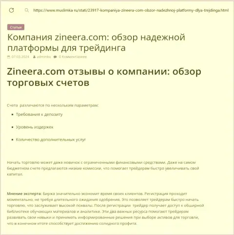 Анализ пакетов торговых счетов компании Zinnera в обзорной статье на web-сайте Муслимка Ру