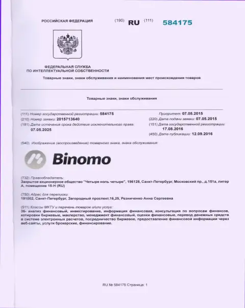 Описание фирменного знака Биномо в РФ и его правообладатель